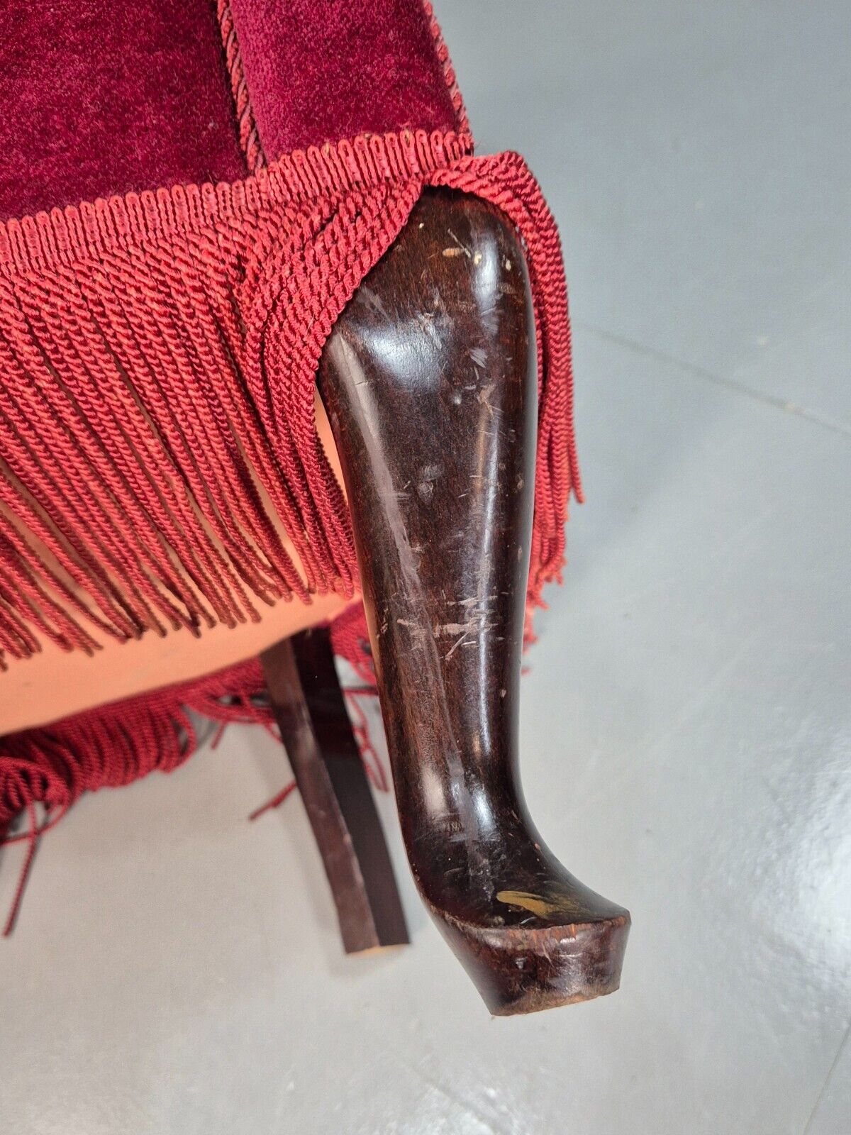 Vintage Danish Red Velour Tub Chair With Tassels Cabriole Legs EB8013 VCLO - UKDK FURNITURE
