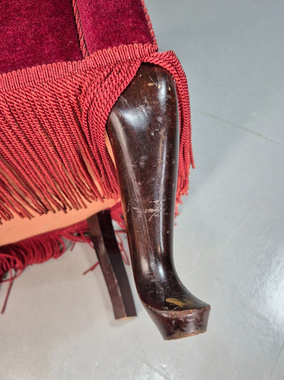 Vintage Danish Red Velour Tub Chair With Tassels Cabriole Legs EB8013 VCLO - UKDK FURNITURE