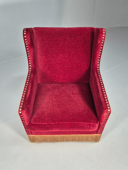 Vintage Danish Wingback Lounge Chair Red Velour Tassels 1940s Retro EB9614 VCLO - UKDK FURNITURE