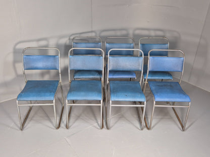 7 1950s Stacking Village Hall Chairs PEL style models in Blue Vinyl EB9470 MSTA - UKDK FURNITURE