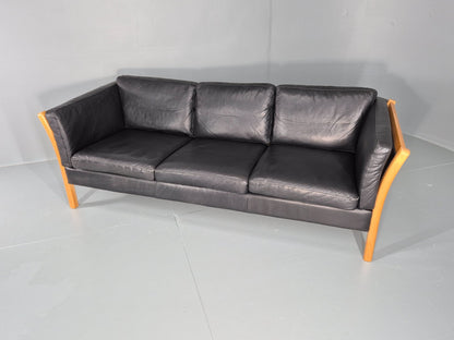 Vintage Stouby 3 Seat Sofa Danish Black Leather Beech End 1980s EB10556 M3SS8