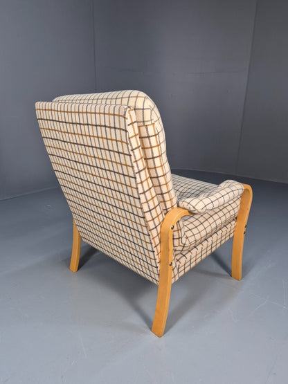 Vintage Bentwood Lounge Chair Danish Cream Wool Check 1980s Retro EB10334 MBEN11