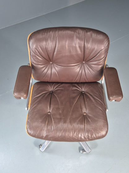 Stoll Giroflex Office Chair Vintage Brown Leather Swivel Reclining EB10998 MSWI3