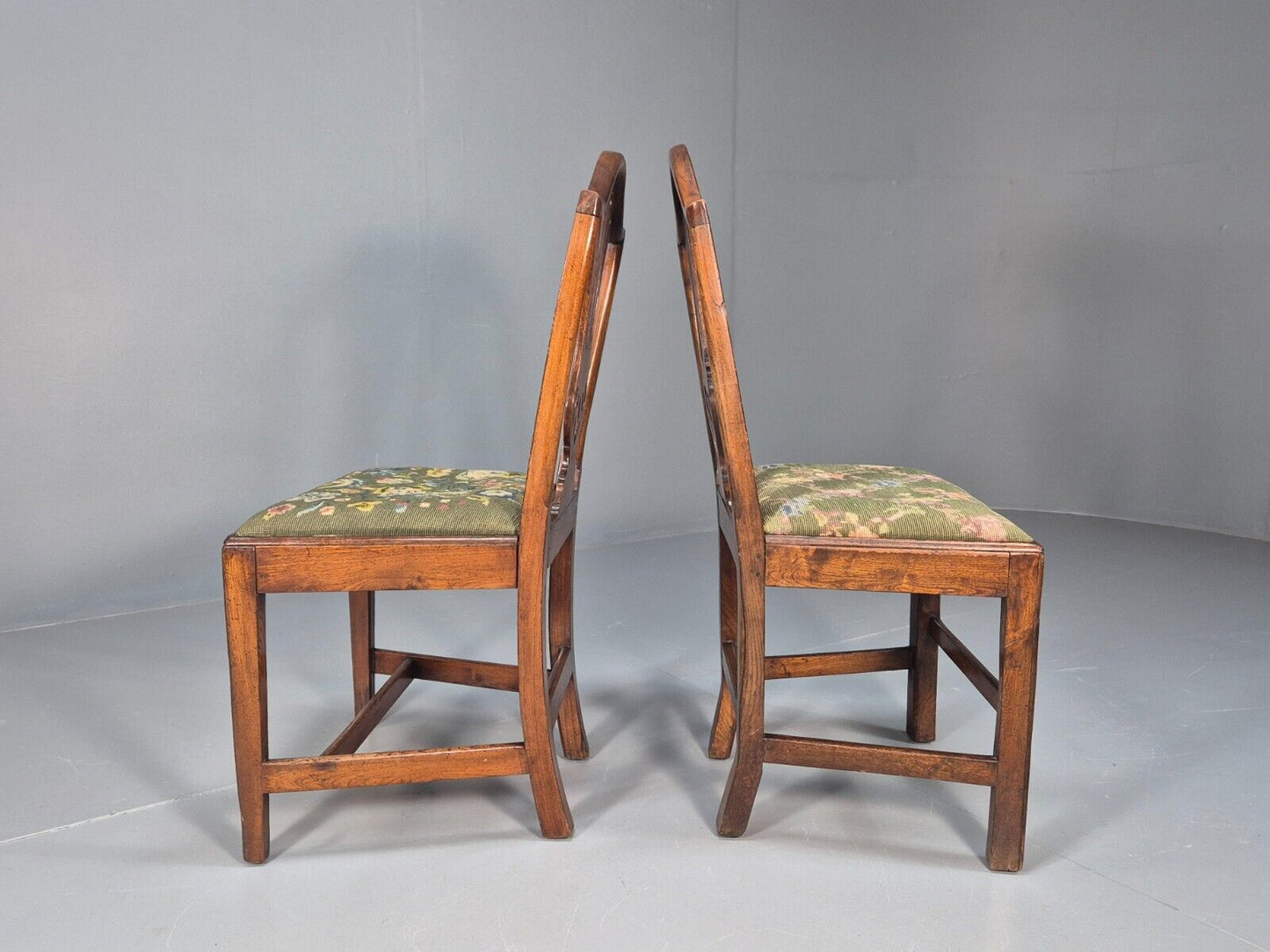 2 Vintage Oak Dining Chairs Green Floral Georgian Style Antique EB9084 VDIN - UKDK FURNITURE