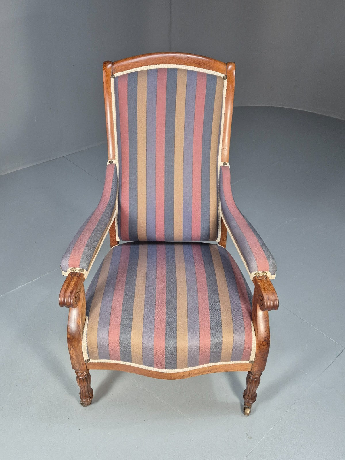 Antique Mahogany Lounge Chair Striped Cotton Upholstery EB10625 VCLO3