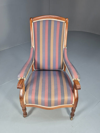 Antique Mahogany Lounge Chair Striped Cotton Upholstery EB10625 VCLO3