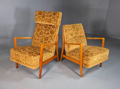 2 Swedish Lounge Chairs Gold Floral Moquette Beech Vintage 1960s MCM EB7031 MNOR1