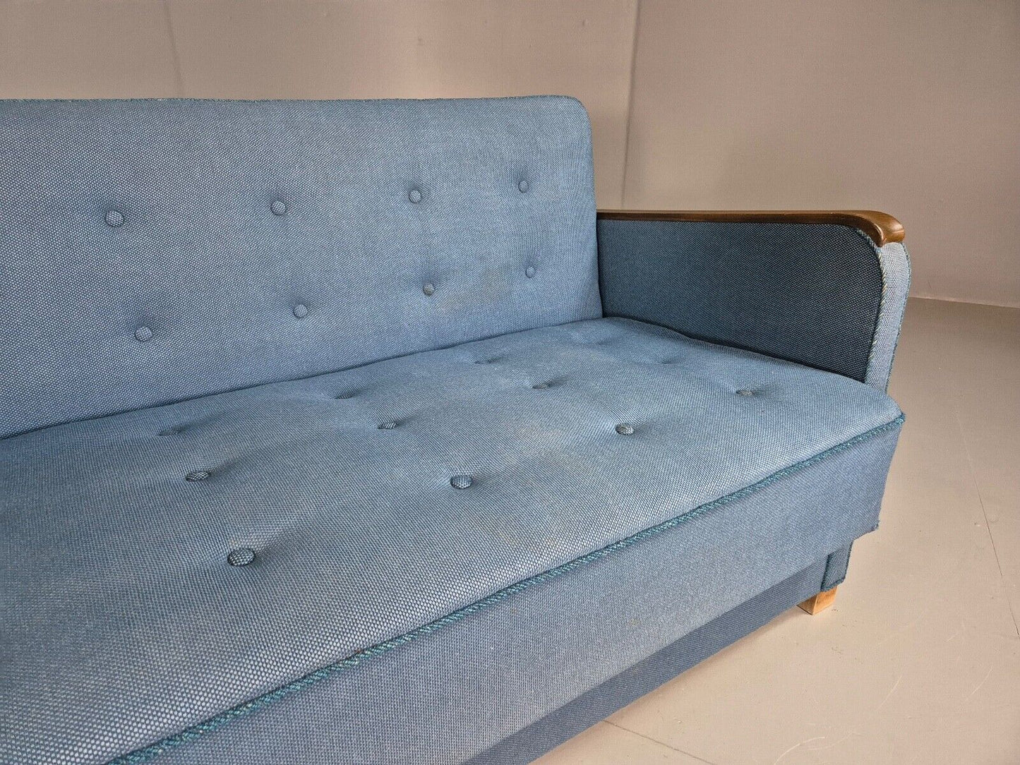 Vintage Danish Sofa Bed Blue Wool Teak Arms 1960s Retro MCM EB7259 M3SS - UKDK FURNITURE