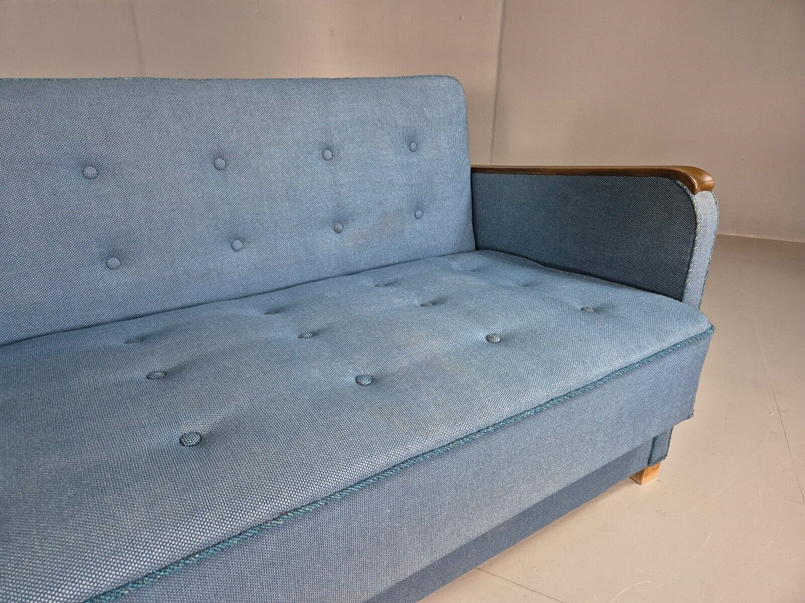 Vintage Danish Sofa Bed Blue Wool Teak Arms 1960s Retro MCM EB7259 M3SS - UKDK FURNITURE