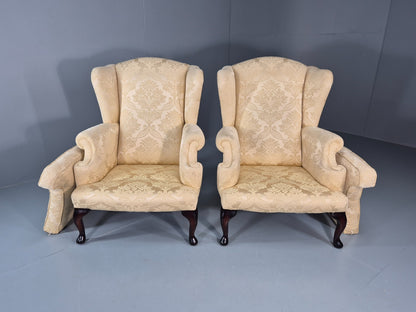 Georgian Style Wingback Armchairs Pair Gold Floral Fabric EB10934 VCLO6