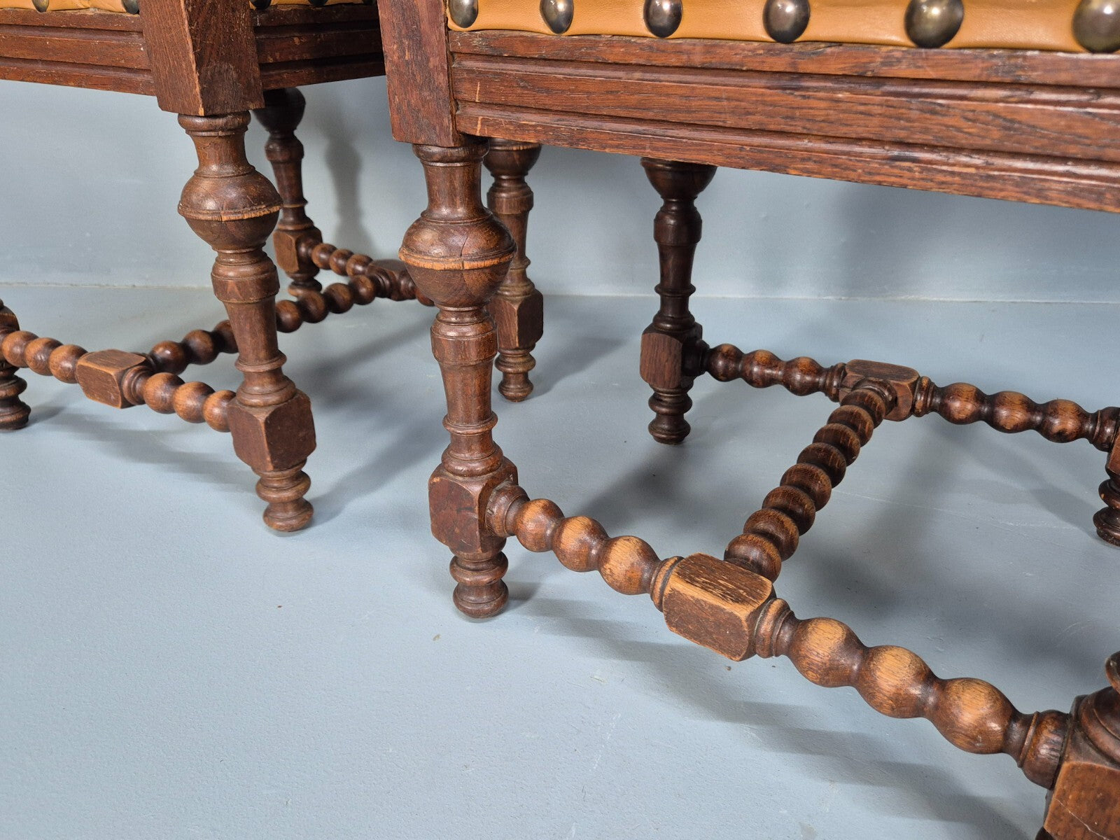6 Vintage Danish Baroque Style Dining Chairs Tan Leather and Oak 50s EB9747 VDIN - UKDK FURNITURE