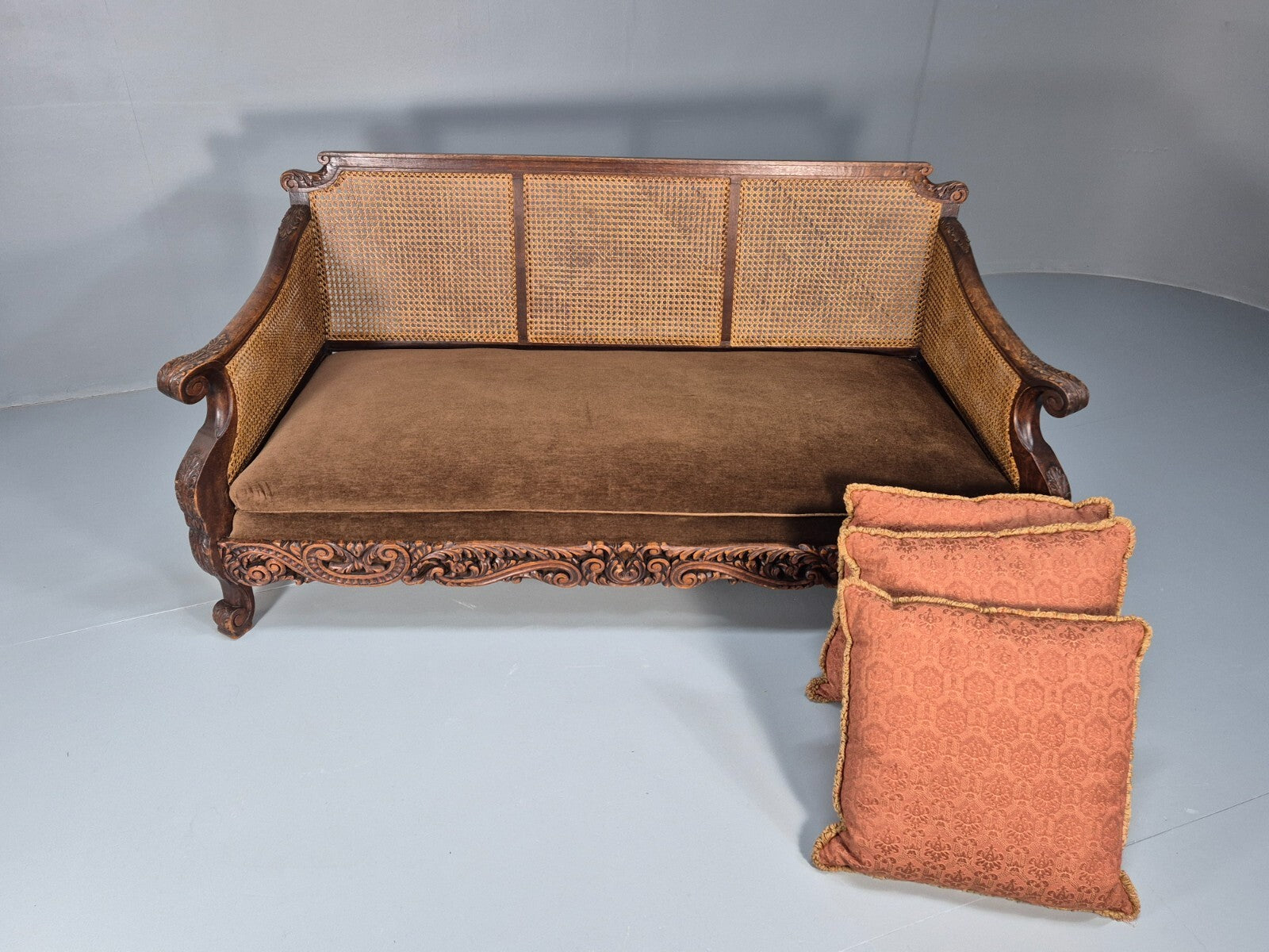 Vintage Danish 1920s Carved Oak Sofa Bergere Brown Velour Antique EB9544 V3SS - UKDK FURNITURE