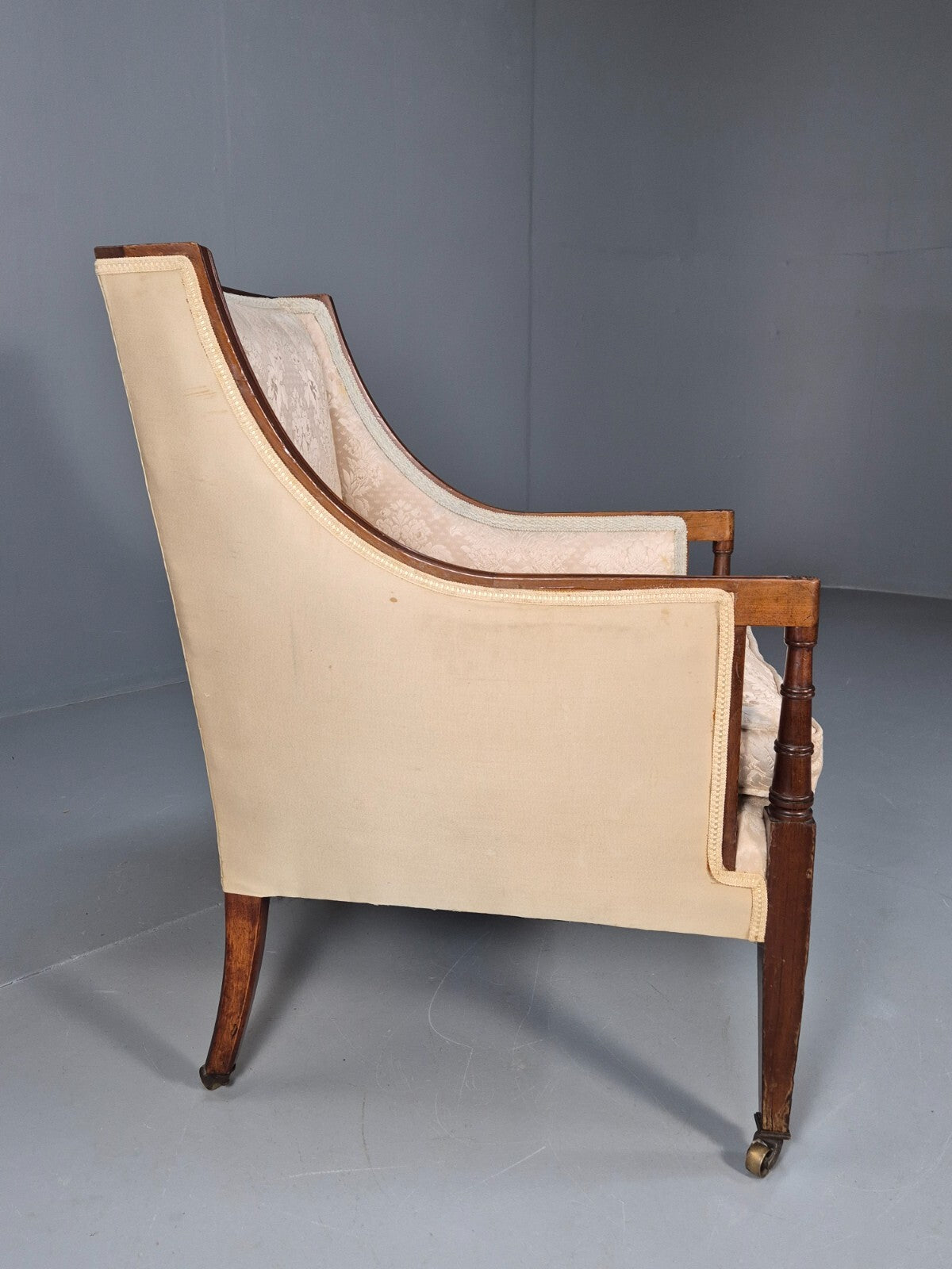 Antique Edwardian Mahogany Armchair Satin Creme Leaf Pattern Fabric EB8446 VCLO - UKDK FURNITURE