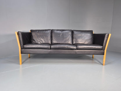 Mid Century Three Seater Sofa Beech Ends Black Leather 1980s Retro EB10399 M3SS6