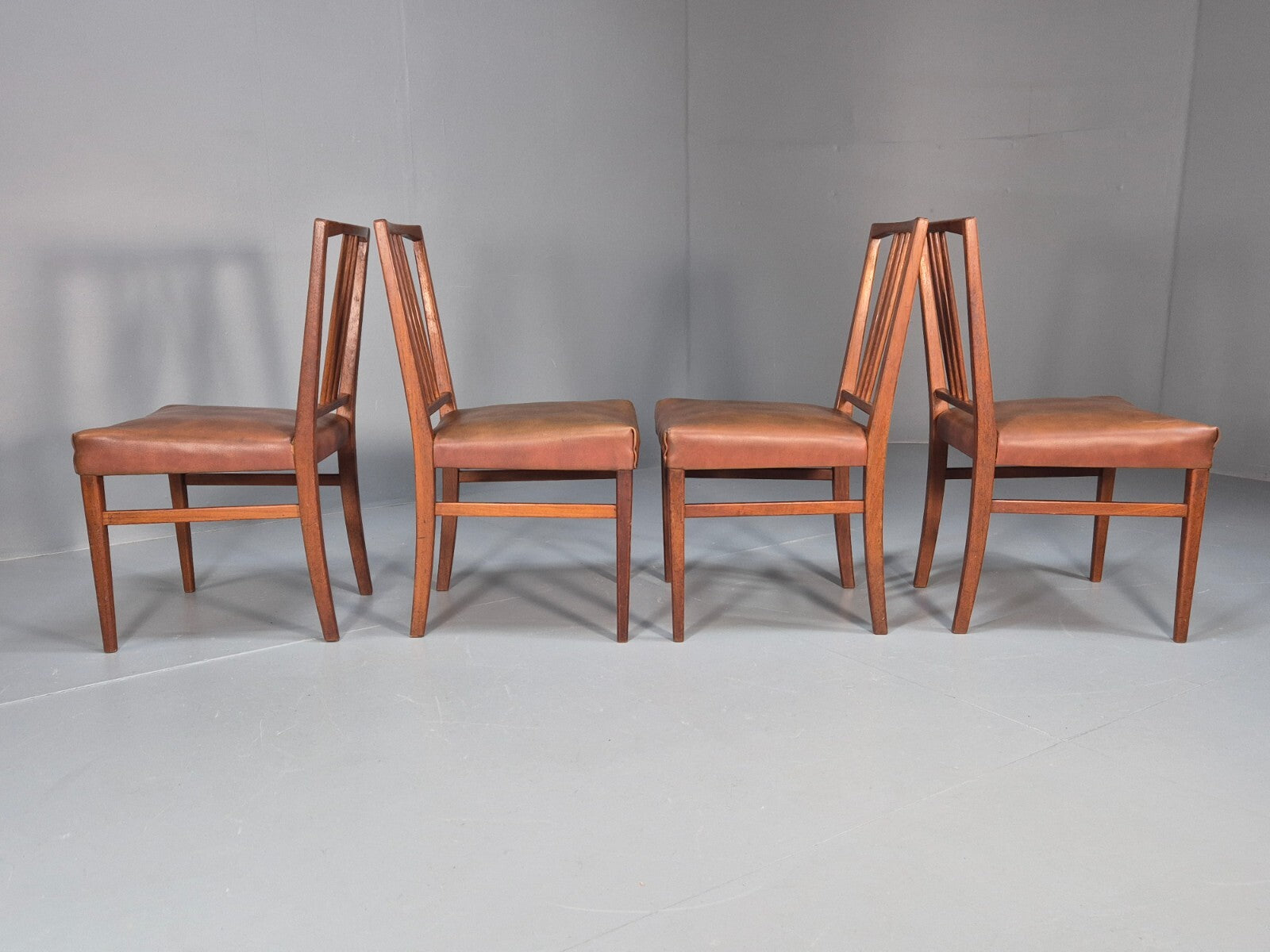 4 Gordon Russell Teak Dining Chairs Brown Vinyl 1960s Retro MCM EB9681 MDIN - UKDK FURNITURE