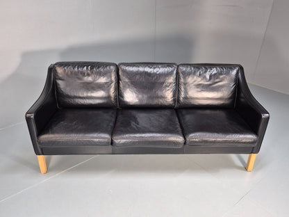 Vintage 3 Seater Leather Sofa Danish Mogensen Style Black 1980s EB10689 M3SS5