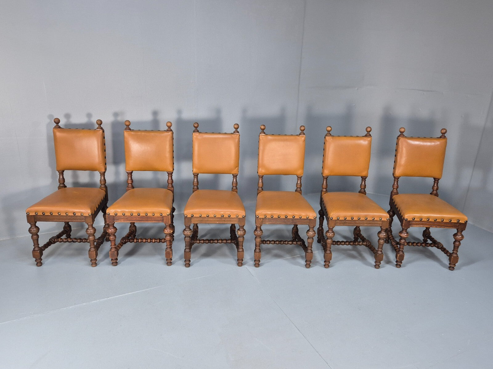 6 Vintage Danish Baroque Style Dining Chairs Oak and Tan Leather EB9649 VDIN - UKDK FURNITURE