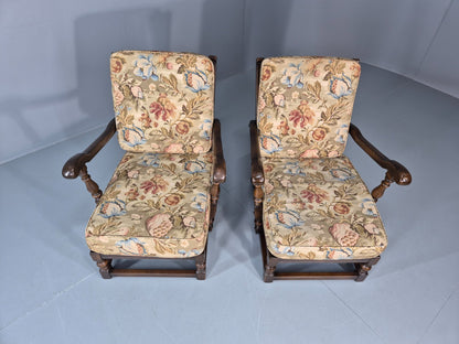 2 Ercol Cloister Lounge Chairs Dark Elm Frame Floral Upholstery 70s EB10987 VCAR3