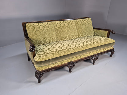 Antique Danish Baroque Style 3 Seat Sofa Green Moquette Carved Wood EB9636 V3SS - UKDK FURNITURE