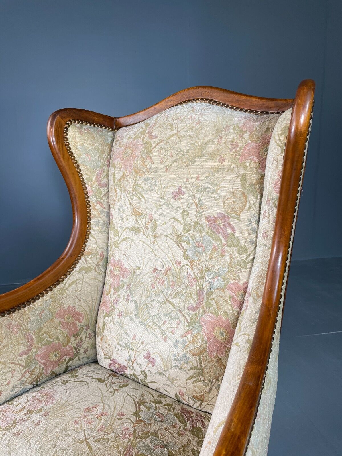 EB6426 Vintage Danish Wing Back Lounge Chair Haedwood Frame Floral Antique VCLO - UKDK FURNITURE