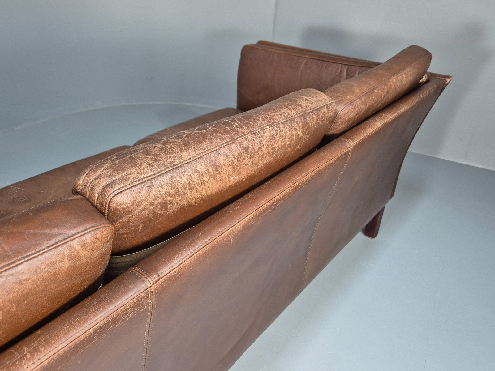 Mid Century Retro Settee Three Seater Brown Leather Vintage Denmark EB10081 M3SS23