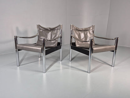 2 Vintage Leather and Chrome Lounge Chairs Safari by Borje Johanson EB11287 MNOR1