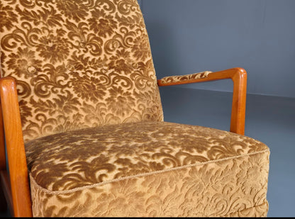 2 Swedish Lounge Chairs Gold Floral Moquette Beech Vintage 1960s MCM EB7031 MNOR5