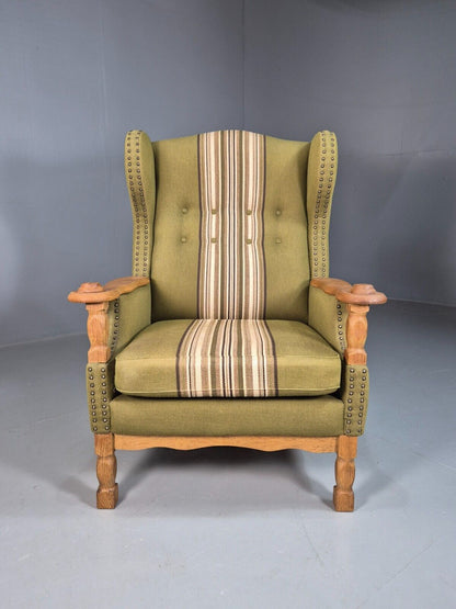 Vintage Danish Green Striped Wingback Armchair Oak Studded Skippers EB8044 MNOR - UKDK FURNITURE