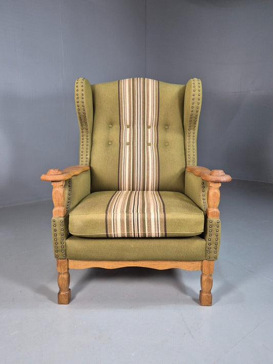 Vintage Danish Green Striped Wingback Armchair Oak Studded Skippers EB8044 MNOR - UKDK FURNITURE