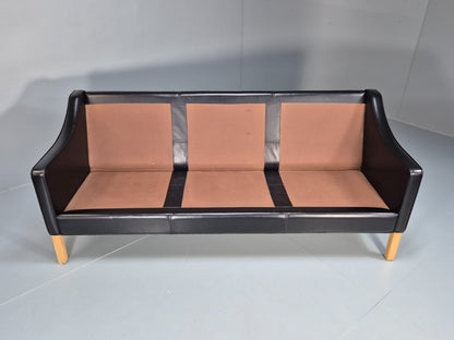 Vintage 3 Seater Leather Sofa Danish Mogensen Style Black 1980s EB10689 M3SS8
