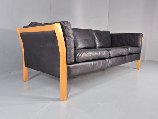 Vintage Stouby 3 Seat Sofa Danish Black Leather Beech End 1980s EB10556 M3SS1