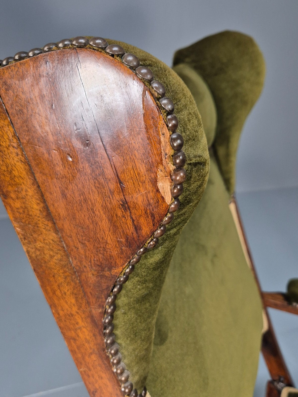 Antique Campaign Chair in Green Velour and Mahogany Victorian EB9696 VCLO - UKDK FURNITURE