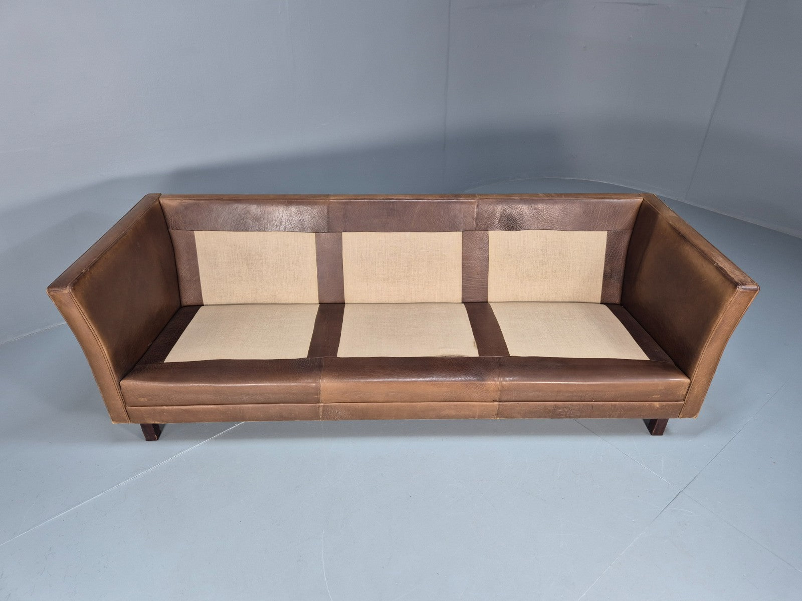 Mid Century 3 Seater Leather Sofa Danish Tan Leather  1970s Retro EB10102 M3SS6