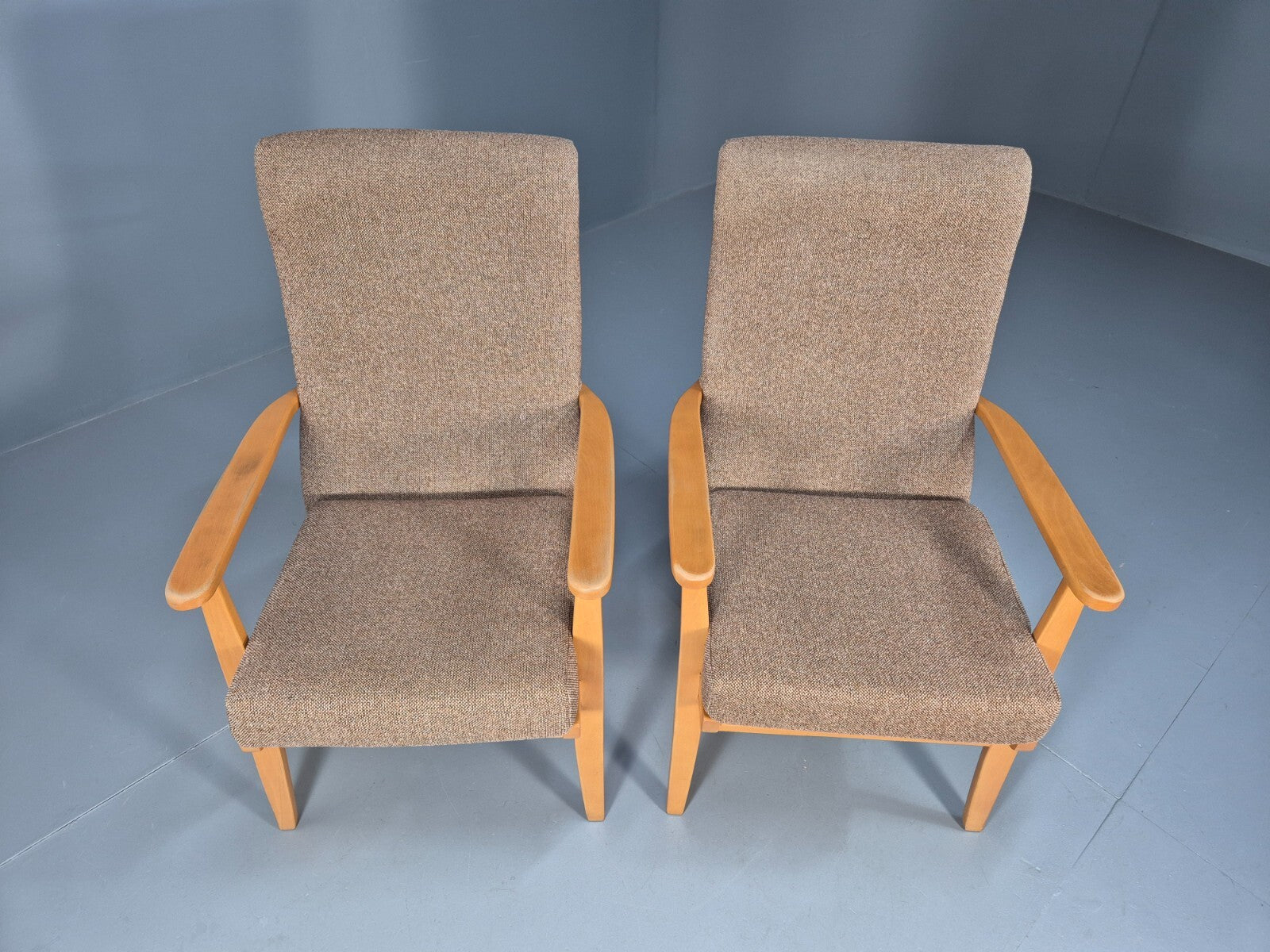 Vintage Oatmeal Armchairs Beech Frame Pair Retro Design EB9489 MNOR - UKDK FURNITURE