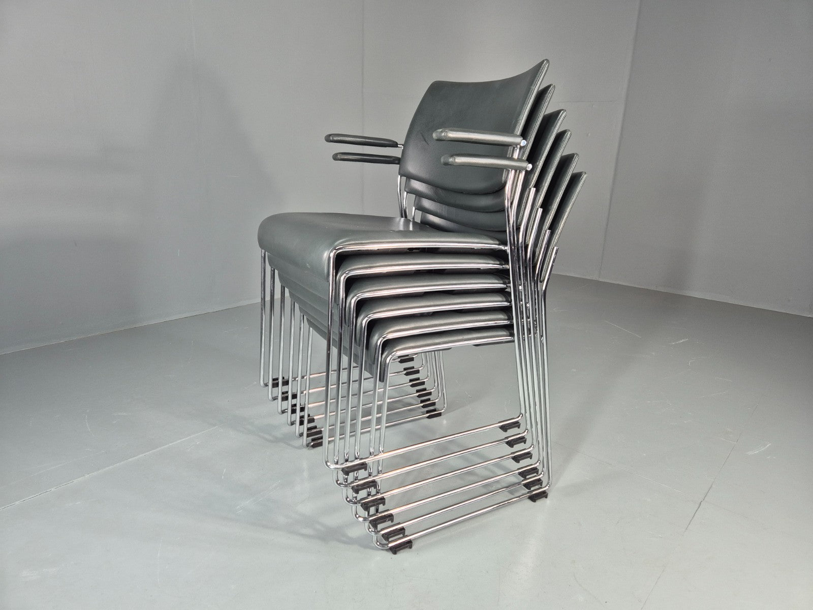 6 Leather Stacking Chairs Brunner Linos Dark Green Chrome Modern EB11736 MSTA1