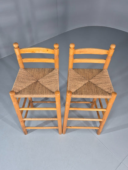 2 Vintage High Bar Stools 1980s Pine Rush Seats Retro  EB11014 VDIN7