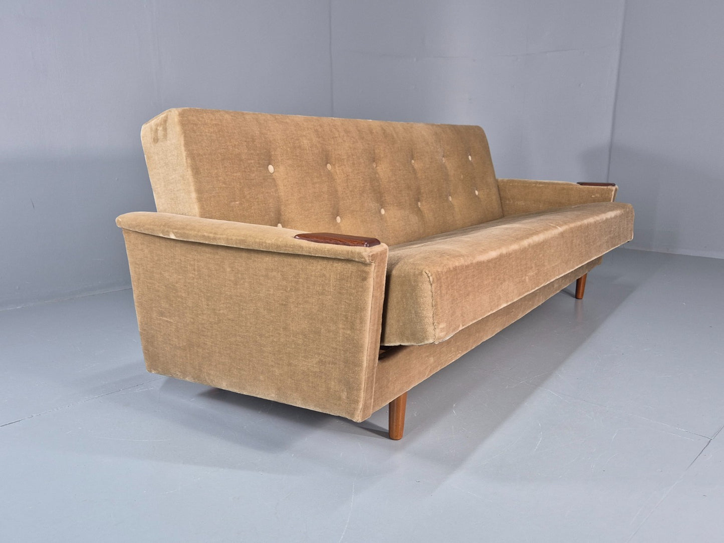 Vintage Sofa Bed Mid Century Denmark Teak Paws  Velour Retro 1960s EB11391 M4SS14