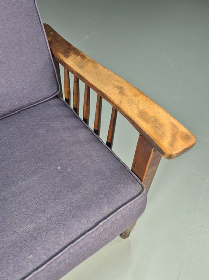 Antique Oak Wheel Back Folding Chair Purple upholstery 1900s EB10629 VCAR5