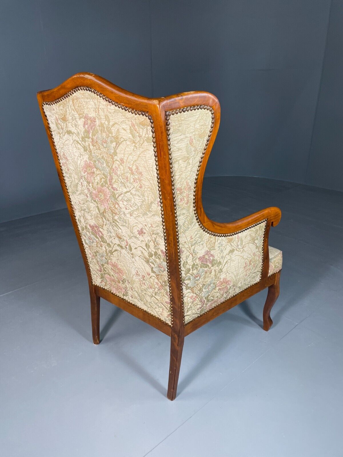 EB6426 Vintage Danish Wing Back Lounge Chair Haedwood Frame Floral Antique VCLO - UKDK FURNITURE