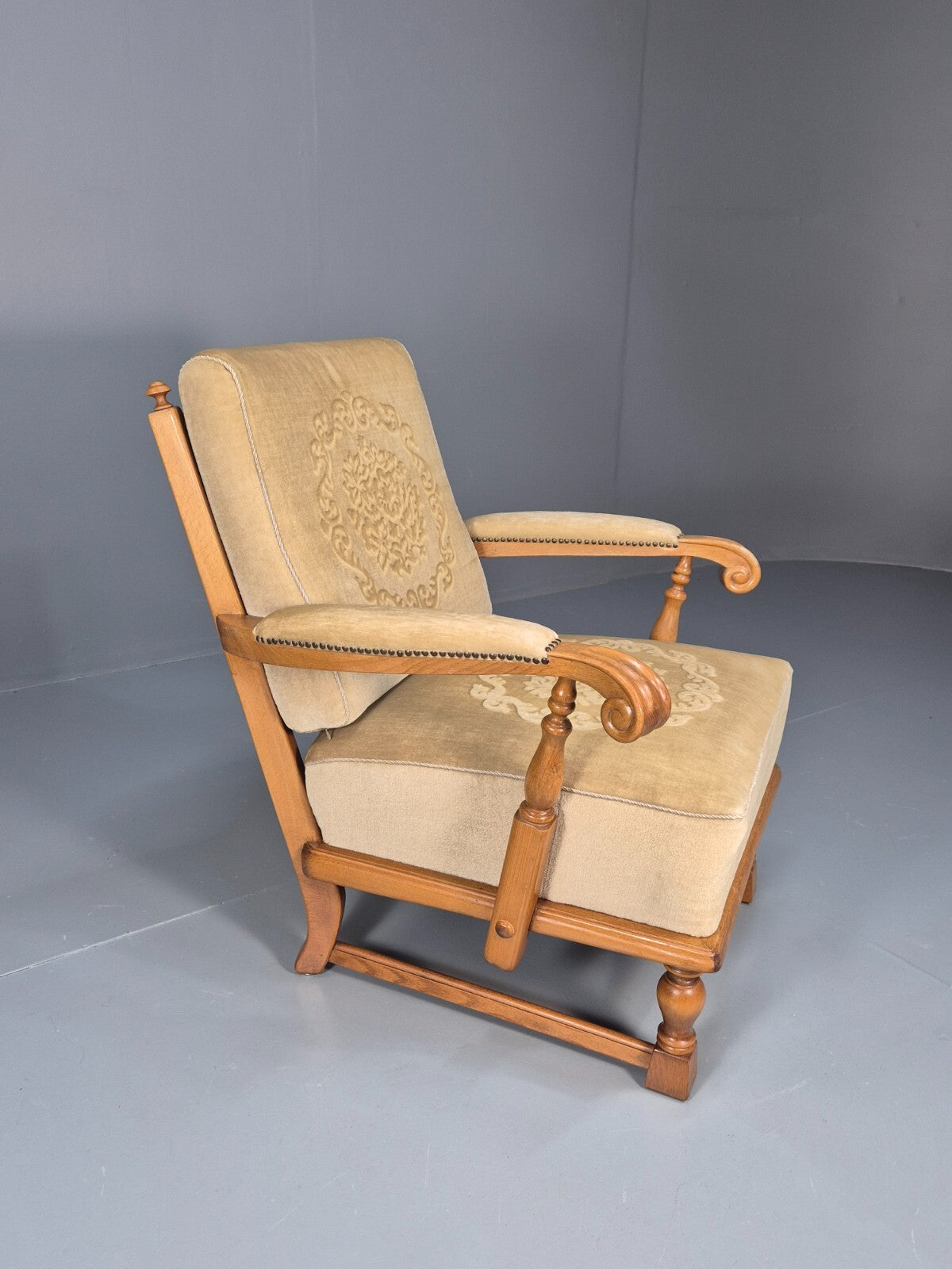 Vintage Danish Oak Frame 1970s Lounge Chair Gold Floral Upholstery EB9658 VCLO - UKDK FURNITURE