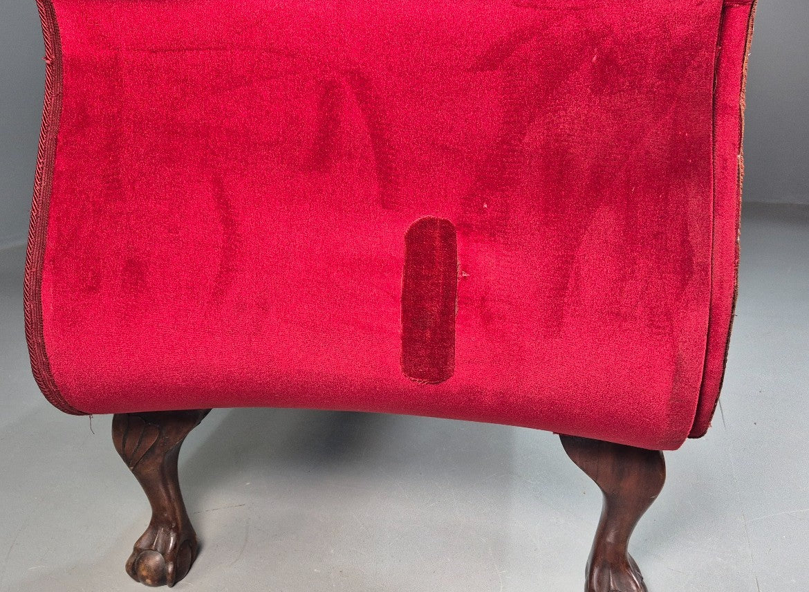 Vintage Antique Scroll End Settee Ball Claw Feet Red Velour 1900s EB7920 V2SS16