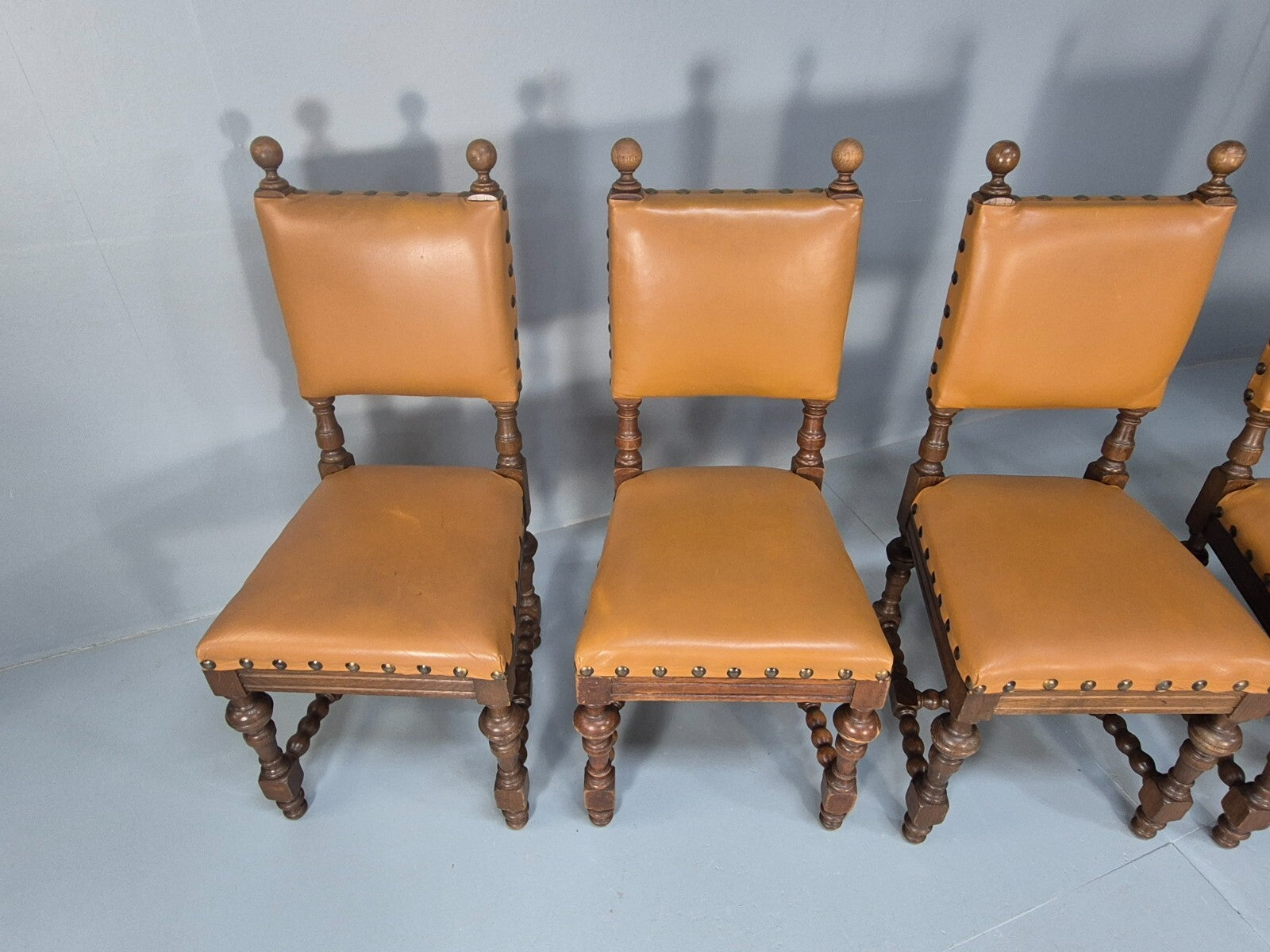 6 Vintage Danish Baroque Style Dining Chairs Oak and Tan Leather EB9649 VDIN - UKDK FURNITURE
