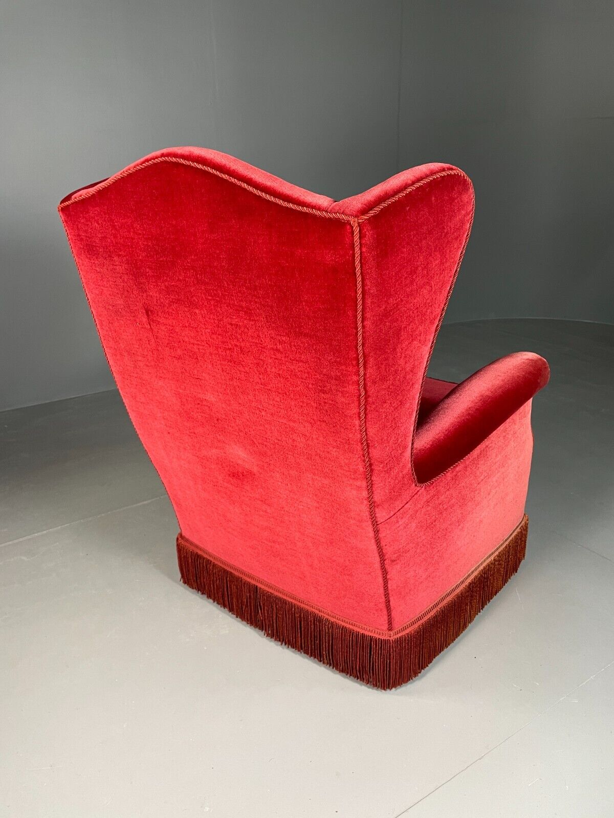 Vintage Danish Wingback Lounge Chair Red Velour Tassels 1940s Retro EB6450 VCLO - UKDK FURNITURE