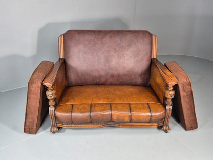 Two Seater Edwardian Sofa Baroque Oak Frame Rexine and Velour EB11265 V2SS5