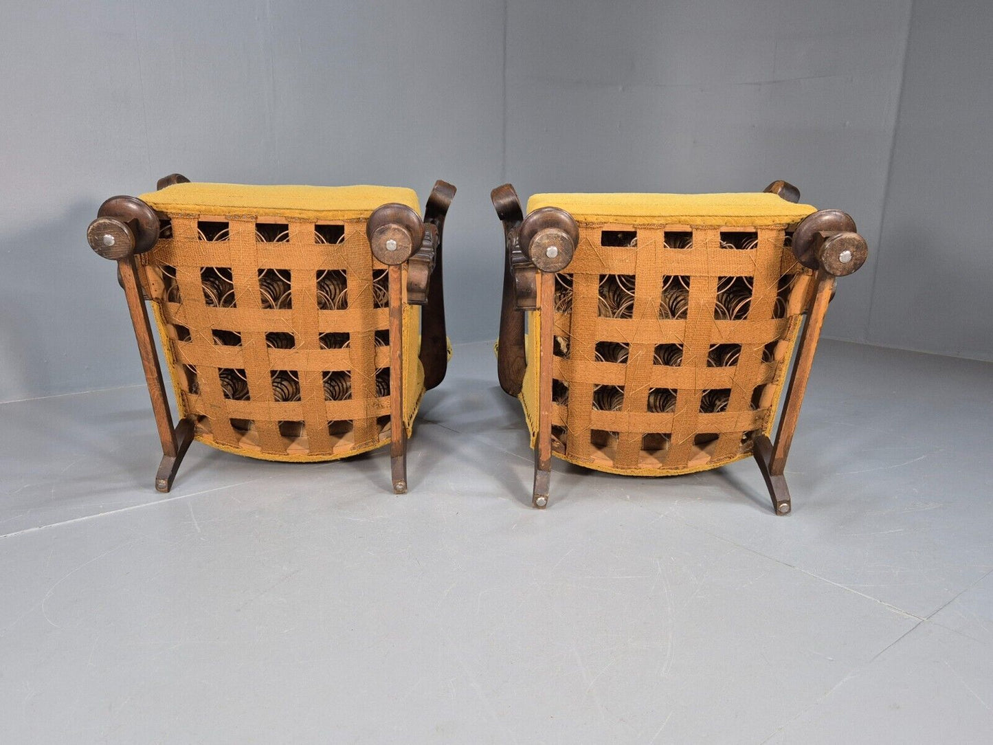 2 Vintage Baroque Armchgairs in Oak and Mustard Moquette 1940s EB9005 VCLO - UKDK FURNITURE