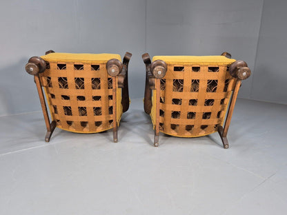 2 Vintage Baroque Armchgairs in Oak and Mustard Moquette 1940s EB9005 VCLO - UKDK FURNITURE