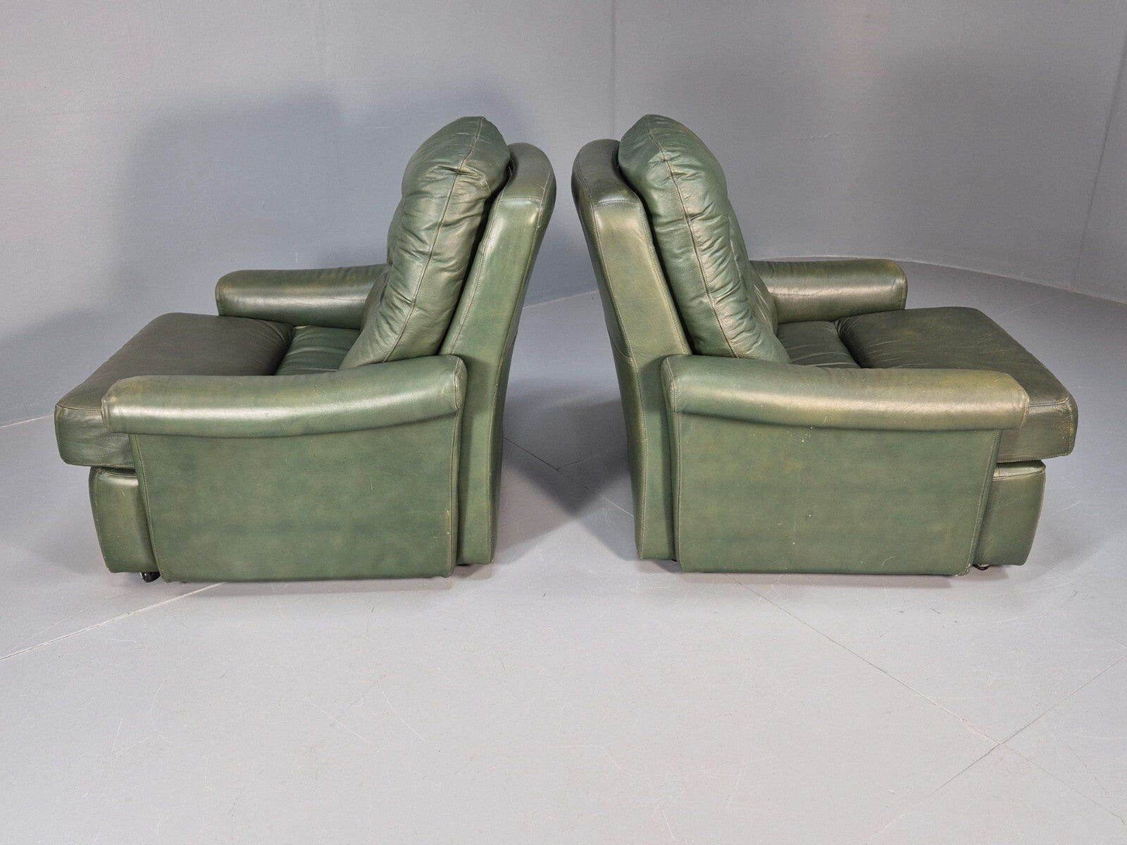 2 Vintage 1970s Green Leather Lounge Chairs Harrods Originally Retro EB9165 MNOR - UKDK FURNITURE