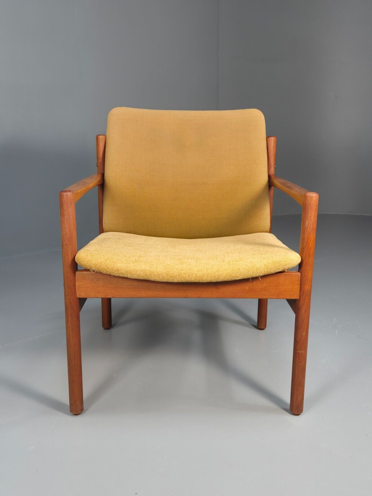 Vintage Danish Lounge Chair Yellow Cotton Teak 1960s Retro MCM EB8762 MNOR - UKDK FURNITURE