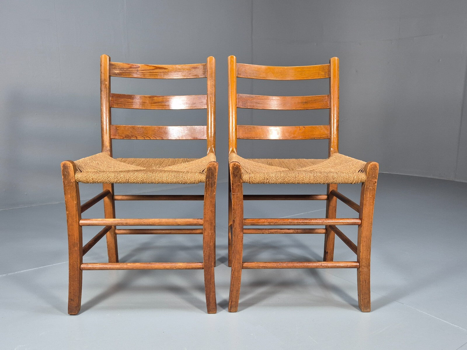 2 Vintage Pine and Paper Cord Dining Chairs French Country Style EB9495 VDIN - UKDK FURNITURE