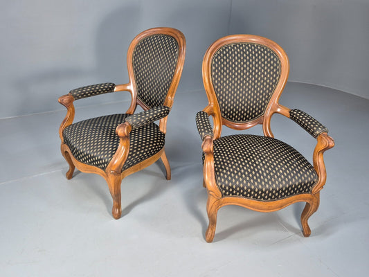 Antique Mahogany Armchair Pair Black Pattern Fabric Louis XV Style EB9558 VCLO - UKDK FURNITURE